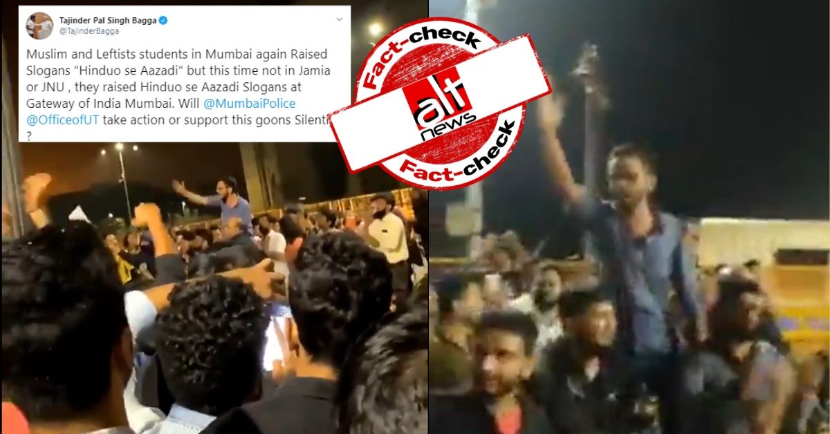 No, Umar Khalid did not raise "Hinduo se azadi" slogan at Gateway of India, Mumbai - Alt News