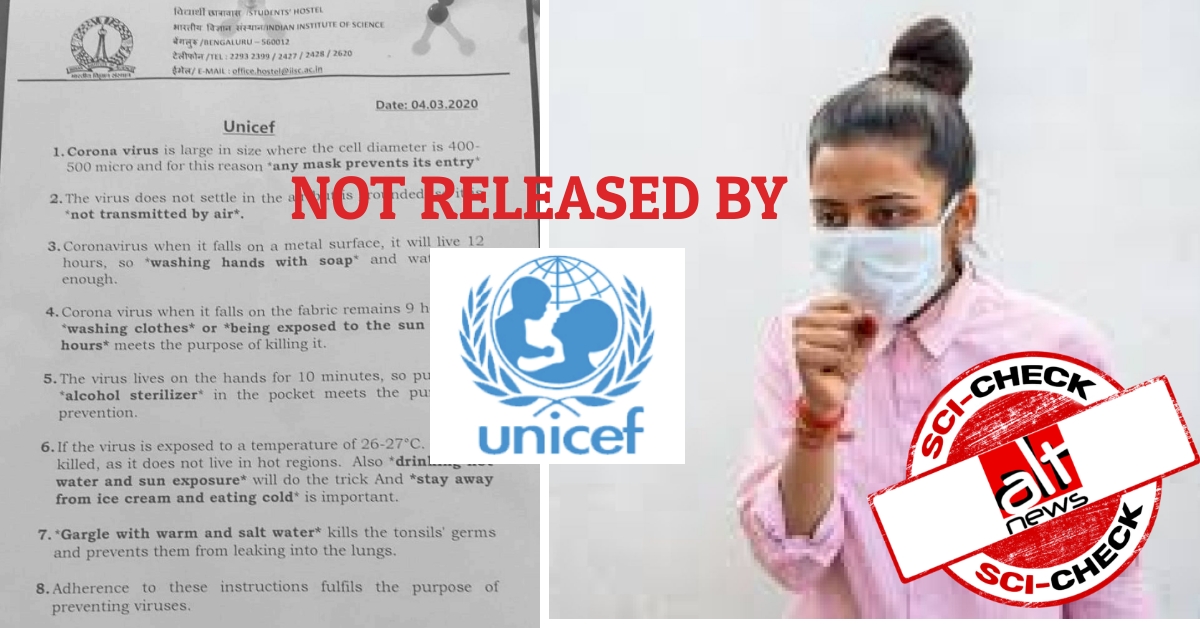 Sci-check: Coronavirus advisory falsely attributed to UNICEF viral on social media - Alt News